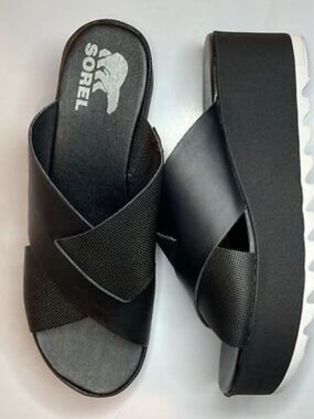 Sorel Cameron Black Flatform Mule Sandals Size 7.5 Leather Platform Slides